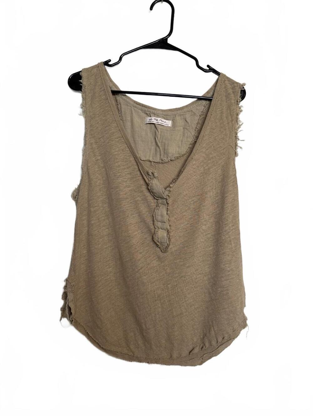 Distressed We The Free Medium Beige Sleeveless Tank Top with Frayed Edges